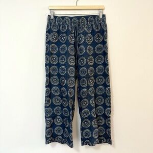Johnny Was Workshop Pants Blue 100% Linen Print Elastic Waist Wide Leg Small
